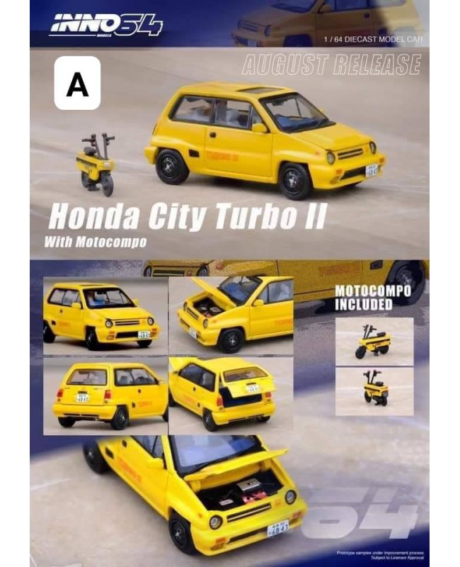 (預訂 Pre-order) Inno64 HONDA CITY TURBO II Yellow With MOTOCOMPO (Diecast car model)