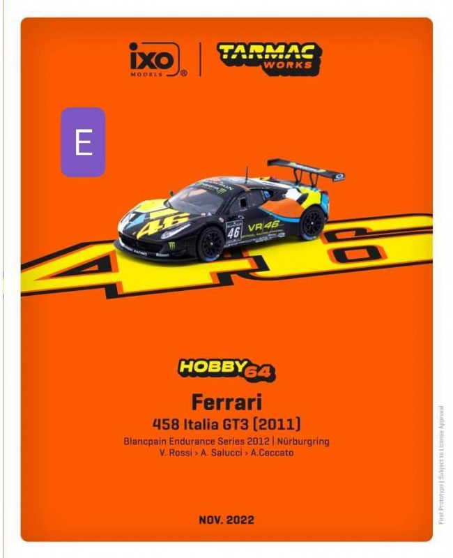 (預訂 Pre-order) Tarmac Works 1/64 Ferrari 458 Italia GT3  (2011), Blancpain Endurance Series 2012 – NURBURGRING, V. Rossi / A. Salucci / A.Ceccato (#T64-073-12BGT46N) (Diecast car model)