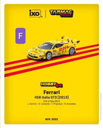 (預訂 Pre-order) Tarmac Works 1/64 Ferrari 458 Italia GT3 (2013), 24 Hours of Spa 2013, L. Gorinni / S. Lémeret / T. Prignaud / R. Brandela (#T64-074-13SPA52) (Diecast car model)