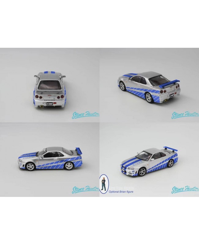 (預訂 Pre-order) ArtWork x Stance Hunters SH 1:64 Skyline GT-R R34 Nismo Z-Tune (Diecast car model) 限量699台 Silver with Blue Strips with Brian figure