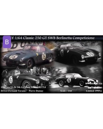 (預訂 Pre-order) MY64 1/64 Classic 250GT SWB (Resin car model) 限量199台 SWB Competizione，車架號S/N 2001GT，暗夜藍色16號車，暗紅色內飾