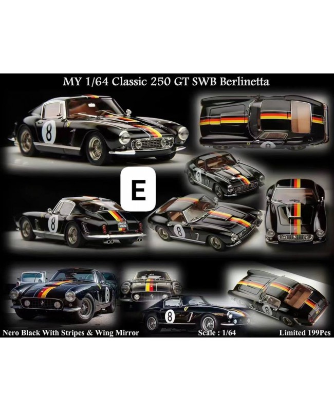 (預訂 Pre-order) MY64 1/64 Classic 250GT SWB Nero Black 黑色帶三色條紋8號車，標準規格帶前後保險桿 (Resin car model) 