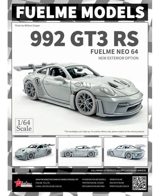 (預訂 Pre-order) Fuelme Neo 1/64 992 GT3 RS 灰版展示 (Resin car model) 限量299台 素白+紅輪 Carrera RS2.7 tribute Red FMNEO64010