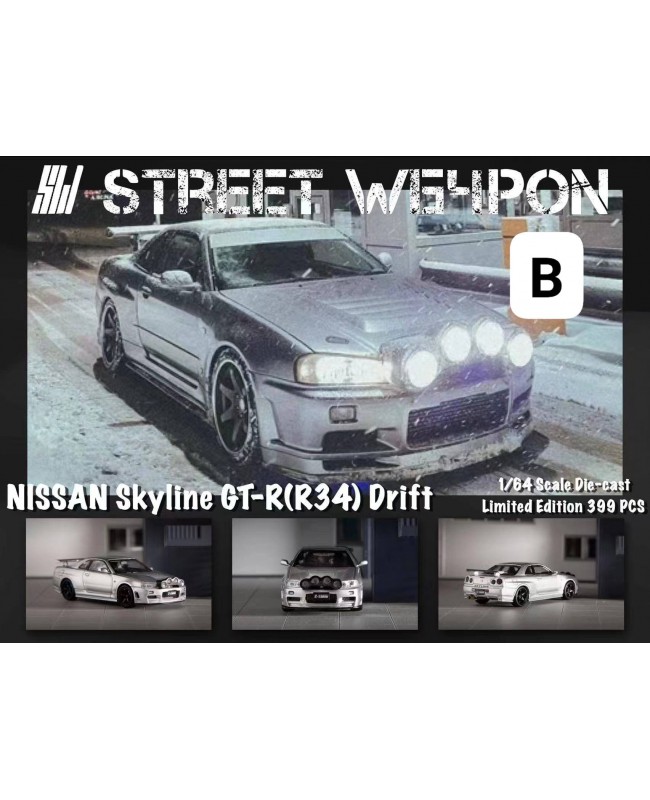 (預訂 Pre-order) SW 1:64 NISSAN Skyline GT-R (R34) (Diecast car model) Drif 銀色雪地漂移車 (限量399) 搭配車頭拉力燈