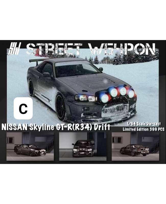 (預訂 Pre-order) SW 1:64 NISSAN Skyline GT-R (R34) (Diecast car model) Drif 黑色雪地漂移車 (限量399) 搭配車頭拉力燈
