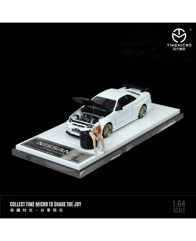(預訂 Pre-order) TimeMicro 1/64 Nissan GTR R34 (Diecast car model) 白色碳蓋 人偶版