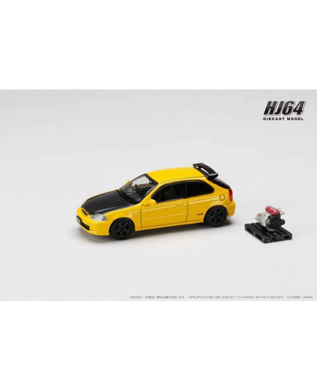 (預訂 Pre-order) HobbyJAPAN 1/64 Honda CIVIC TYPE R (E-EK9) 1997 Customized Ver. with Engine Display Model (Diecast car model) HJ643016BY :  SUNLIGHT YELLOW