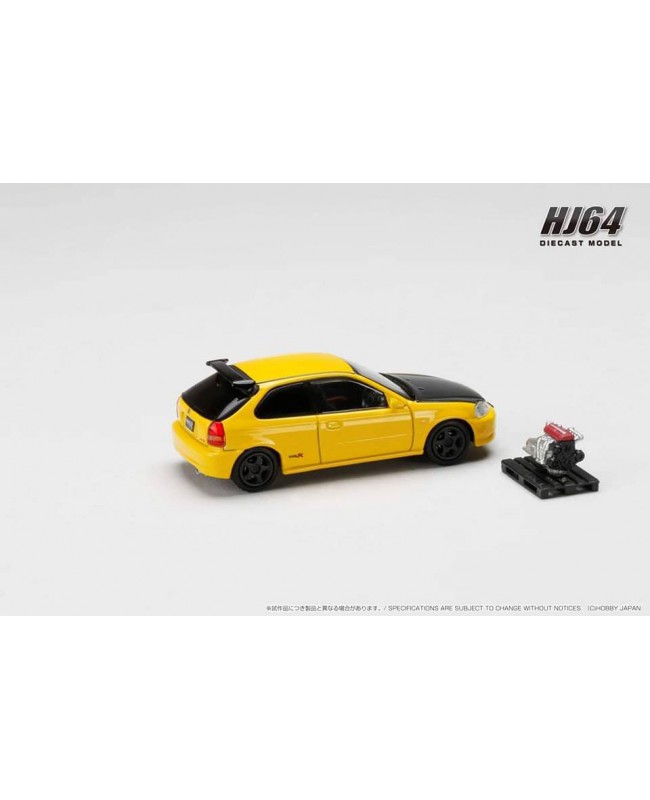 (預訂 Pre-order) HobbyJAPAN 1/64 Honda CIVIC TYPE R (E-EK9) 1997 Customized Ver. with Engine Display Model (Diecast car model) HJ643016BY :  SUNLIGHT YELLOW