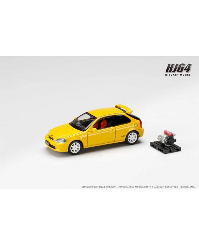 (預訂 Pre-order) HobbyJAPAN 1/64 Honda CIVIC TYPE R (E-EK9) 1997 with Engine Display Model (Diecast car model) HJ643016AY : SUNLIGHT YELLOW