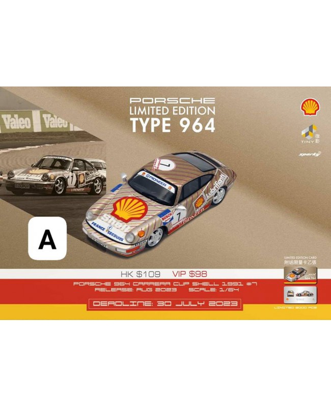 (預訂 Pre-order) Sparky x Porsche x Tiny x Shell 1/64 Porsche 964 Carrera Cup Shell 1991 #7 (限量2000件，附送限量卡乙張) (Diecast car model)