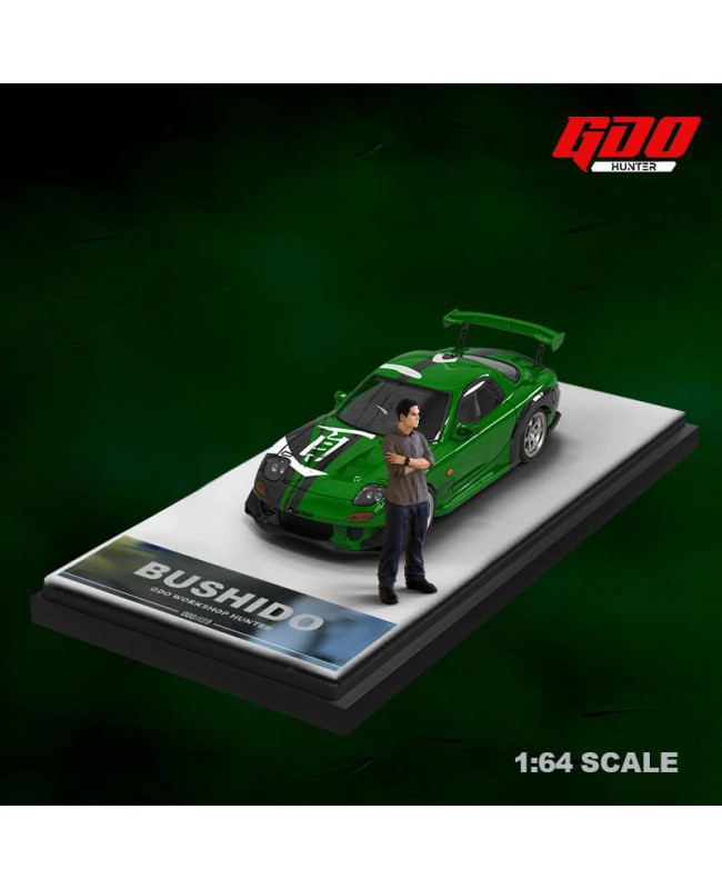 (預訂 Pre-order) TimeMicro X GDO 1:64 RX-7 BUSHIDO Carbon  Green KENJI livery (Diecast car model) 豪華精裝版帶人偶
