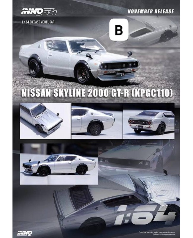 (預訂 Pre-order) Inno64 1:64 NISSAN SKYLINE 2000 GT-R (KPGC110) Silver IN64-KPGC110-SIL (Diecast car model)
