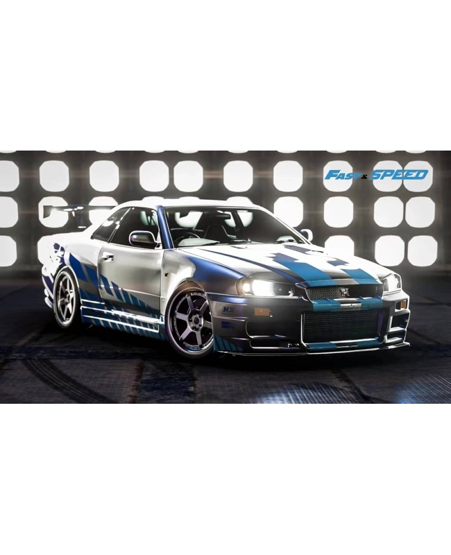 (預訂 Pre-order) Fast Speed FS 1:64 Skyline GT-R Mk5 R34 (Diecast car model) 限量999台 Silver-Blue 速激銀藍 (配TE37六爪輪+高尾翼)