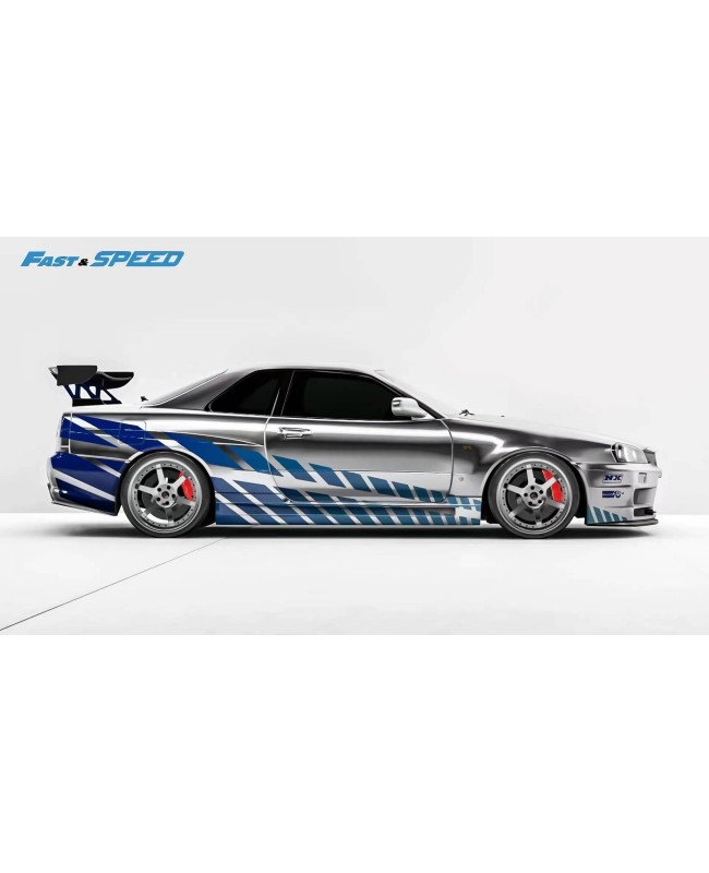 (預訂 Pre-order) Fast Speed FS 1:64 Skyline GT-R Mk5 R34 (Diecast car model) 限量999台 Silver-Blue 速激銀藍 (配TE37六爪輪+高尾翼)