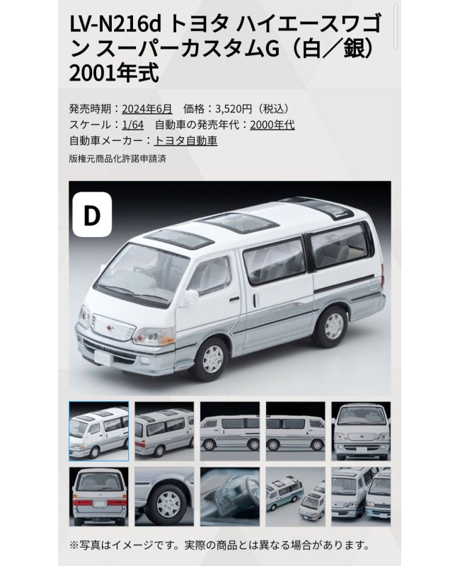 (預訂 Pre-order) Tomytec 1/64 LV-N216d HIACE Super Custom G White and Silver 2001 (Diecast car model)