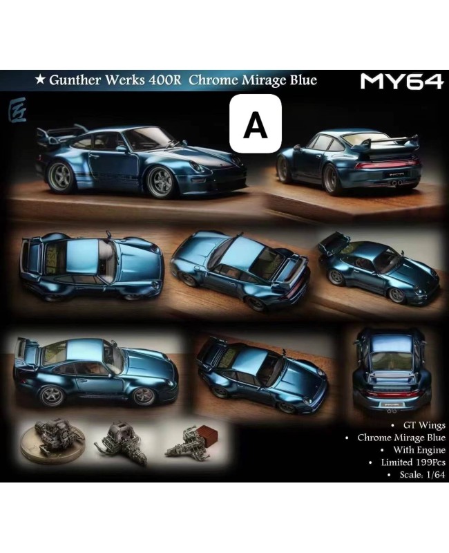 (預訂 Pre-order) MY64 1/64 Gunther Werks 911 400R Engine version (Resin car model) Chrome Mirage Blue