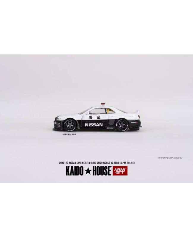 (預訂 Pre-order) Kaidohouse x MINI GT Nissan Skyline GT-R R34 Kaido Works (V2 Aero) Police KHMG120 (Diecast car model)