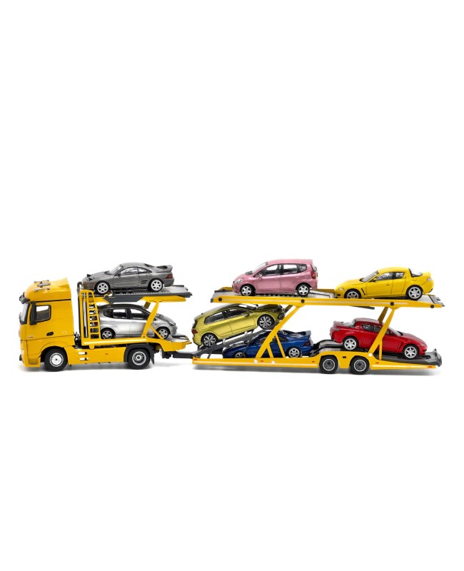 (預訂 Pre-order) Unique Model × Tiny 1/64 Mercedes-Benz Actros double-decker car trailer (Diecast car model) Low top traditional mirror yellow LHD