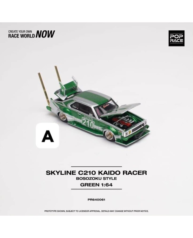 (預訂 Pre-order) POPRACE 1/64 PR640061 SKYLINE C210 KAIDO RACER (BOSOZOKU STYLE) - SILVER/GREEN (Diecast car model)