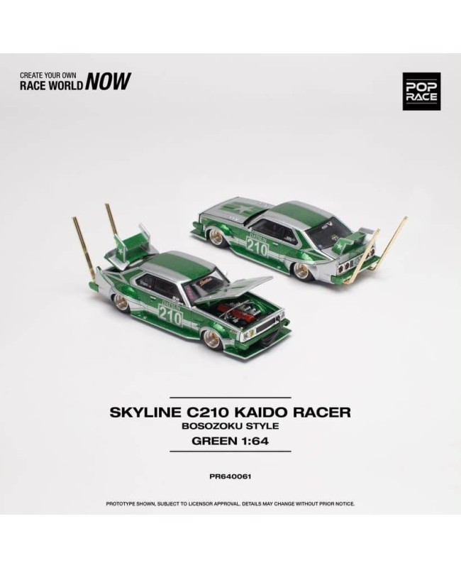 (預訂 Pre-order) POPRACE 1/64 PR640061 SKYLINE C210 KAIDO RACER (BOSOZOKU STYLE) - SILVER/GREEN (Diecast car model)