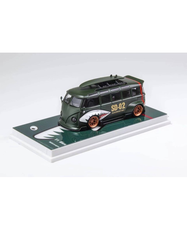 (預訂 Pre-order) Flame Model 1/64 VW T1 van Kombi wide body modified version (Diecast car model) 限量499台 Matt green shark mouth