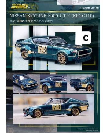 (預訂 Pre-order) Inno64 1/64 IN64-KPGC110RC-GRN NISSAN SKYLINE 2000 GT-R (KPGC110) Racing Concept Green (Diecast car model)