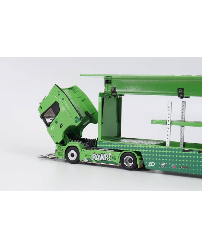(預訂 Pre-order) Kengfai & MAXWELL 1/64  Scania S730 v8 Double Deck Gull Wing Transporter RAWR Tyrannosaurus green (Diecast car model)