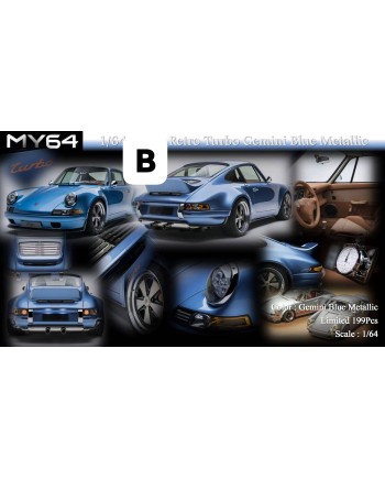 (預訂 Pre-order) MY64 x M64X 1/64 Kaege Retro Turbo (Resin car model) Turbo 版 Gemini Blue Metallic 雙子座金屬藍色，素雅的淺金屬藍加橙色Turbo標識，搭配淺褐棕色內飾 (限量199Pcs)