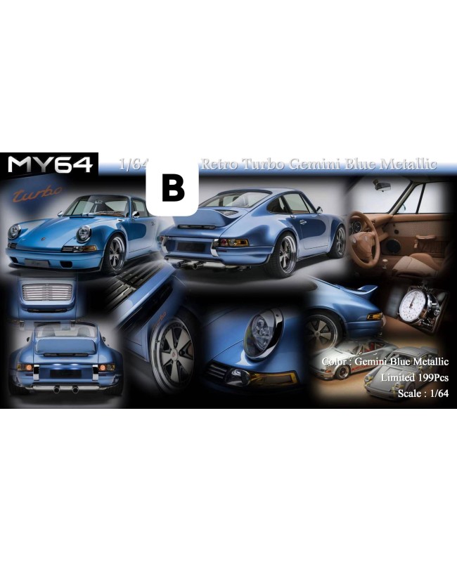 (預訂 Pre-order) MY64 x M64X 1/64 Kaege Retro Turbo (Resin car model) Turbo 版 Gemini Blue Metallic 雙子座金屬藍色，素雅的淺金屬藍加橙色Turbo標識，搭配淺褐棕色內飾 (限量199Pcs)