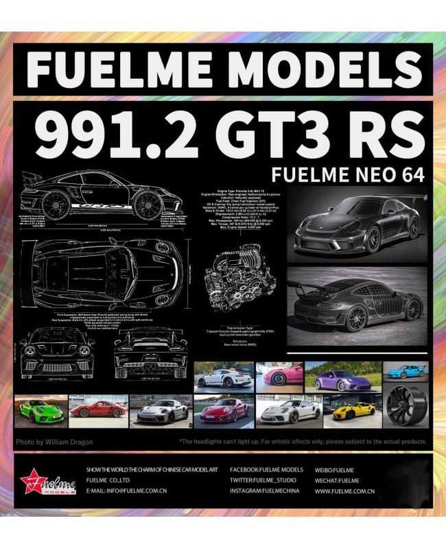 (預訂 Pre-order) Fuelme 1/64 Porsche 991.2 GT3 RS (Resin car model) 限量299台 Miami Blue FM-NEO64039