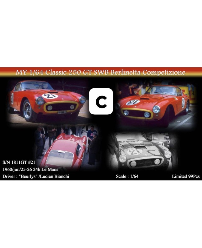 (預訂 Pre-order) MY64 1/64 Classic 250GT SWB (Resin car model) Competizione S/N 1811GT，紅色黃嘴21號車，1960年勒芒24小時參賽樣式，限量99台