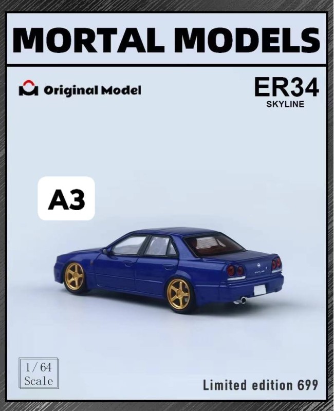 (預訂 Pre-order) Mortal x OM 1/64 (Diecast car model) 限量699台 ER34 Skyline 普通版 BLUE