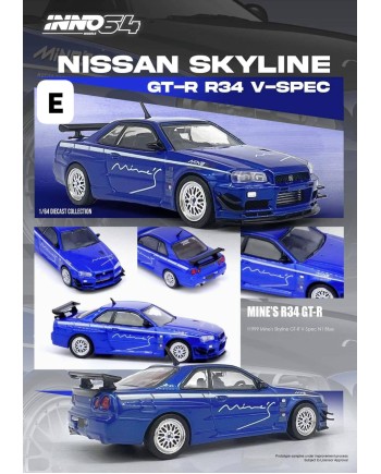 (預訂 Pre-order) Inno64 1/64 IN64-R34VS-MINES-BL: NISSAN SKYLINE GT-R (R34) V-SPEC Tuned by 