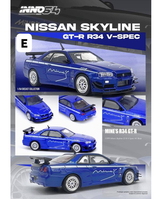 (預訂 Pre-order) Inno64 1/64 IN64-R34VS-MINES-BL: NISSAN SKYLINE GT-R (R34) V-SPEC Tuned by 